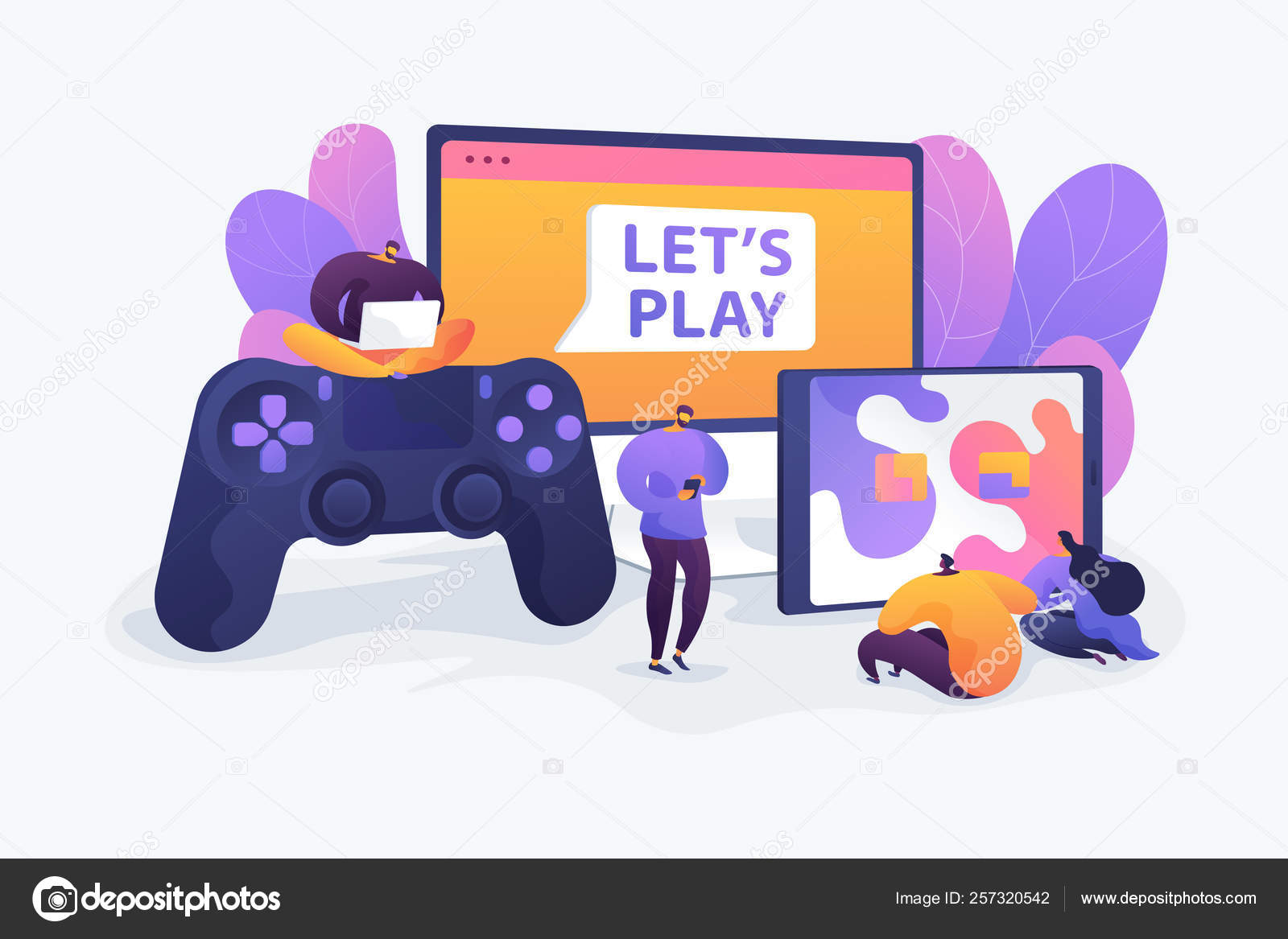 Gamer plays role-playing game online and hero avatar in fantasy world.  MMORPG, massive multiplayer game, role-playing online games concept. Bright  vibrant violet vector isolated illustration Stock Vector