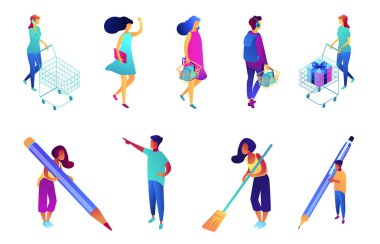 Alışverişçi ve yazar izometrik 3d illüstrasyon seti.