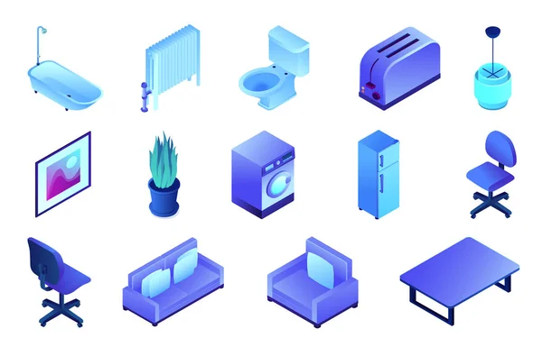 Muebles de oficina y baño conjunto de ilustración 3D isométrica . — Vector de stock