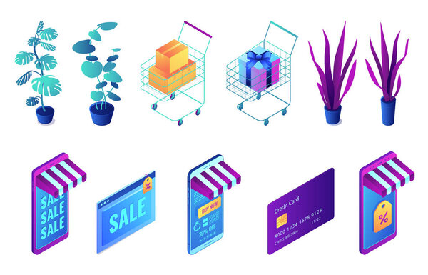 Изометрический набор 3D иллюстраций для покупок и растений
.