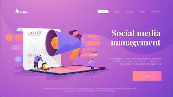 Vorlage für Social Media Management Landing Page. — Stockvektor