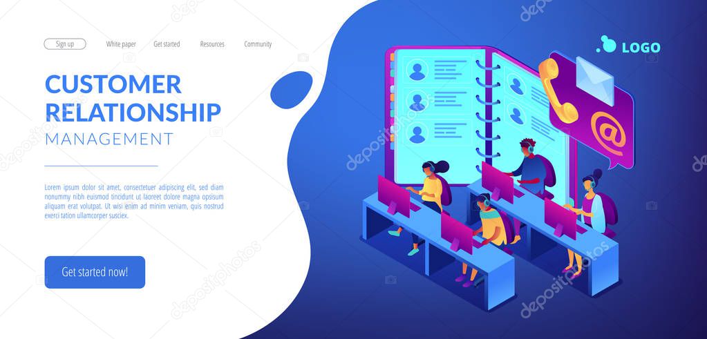 Contact center isometric 3D landing page.