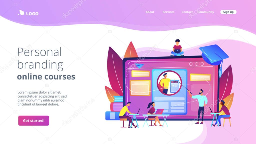 Marketing students create corporate identity. Personal branding course, strategic self-marketing education, personal branding online courses concept. Website homepage landing web page template.
