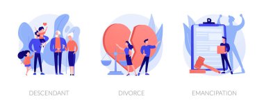 Society issues metaphors. Descendant, divorce, emancipation. Marriage annulment, social rights, gender equality. Wife and husband break up abstract concept vector illustration set. clipart