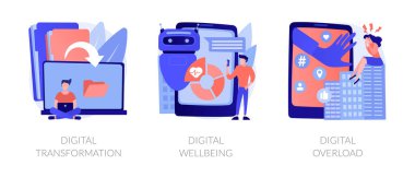Teknoloji entegrasyonu, online belge organizasyonu. Modern yenilik. Dijital dönüşüm, dijital refah, dijital aşırı yükleme metaforları. Vektör izole kavram metaforları.