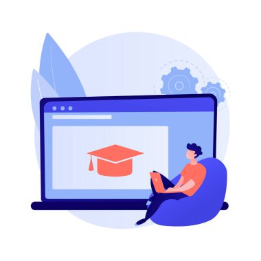 Ders için çevrimiçi hazırlık. İnternet okul ödevi, üniversite ödevi, üniversite online görevleri. Uzak sınıfların web sitesini kullanan genç bir kadın. Vektör izole kavram metaforu.