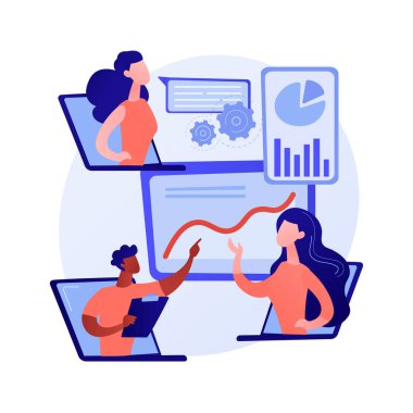 Uluslararası iş ortakları video konferansı. Web şirket toplantısı, Webinar, online iletişim. Modern teknolojiler, görüntülü sohbet. Vektör izole kavram metaforu.