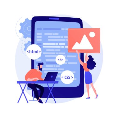 Mobil uygulama geliştirme. Dil programlama. CSS, HTML, IT, UI. Erkek programcı çizgi film karakteri geliştirme web sitesi, kodlama. Vektör izole kavram metaforu