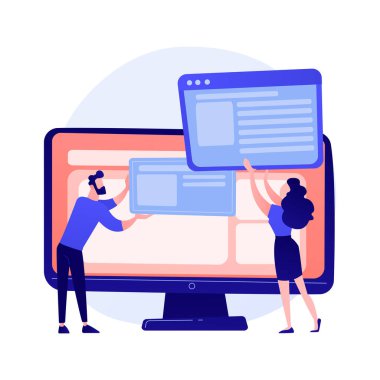 Web sitesi arayüz geliştirme planı. Takımın düz karakterleri çalışıyor. UI, UX, içerik tasarımı. Bilgisayar yazılımı oluşturma ve web geliştirme. Vektör izole kavram metaforu