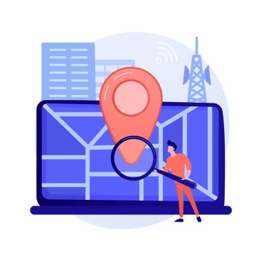Konum tabanlı reklam. Yer belirleme yazılımı, çevrimiçi GPS uygulaması, navigasyon sistemi. Coğrafi kısıtlama. Büyüteçle adam arama adresi. Vektör izole kavram metaforu