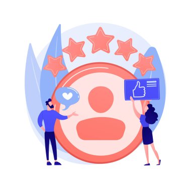 Kişisel hesap. Pozitif geribildirim, kullanıcı değerlendirmesi, sadakat yıldızları. Randevu sitesi, web sitesi sıralaması. Web sayfası çizgi film karakterini değerlendiren bir kadın. Vektör izole kavram metaforu