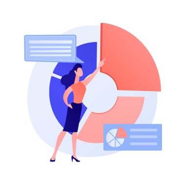 İş sunumu. Veri analizleri, pasta grafiği, bilgi grafikleri görselleştirme. Analiz raporu. İş adamı karakteri istatistikleri analiz ediyor. Vektör izole kavram metaforu