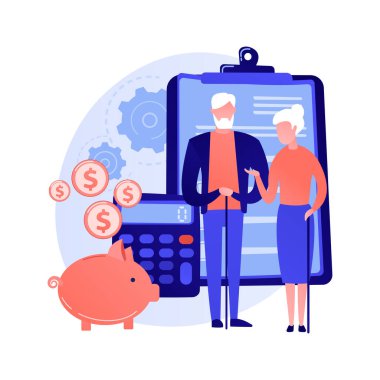 Emeklilik bütçesi planlaması. Tasarruf güvenliği, banka mevduatı güvenliği, karlı yatırım. Yaşlı bir çift, emekliler gelecek için para biriktiriyor. Vektör izole kavram metaforu