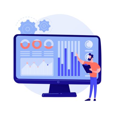 Sosyal medya veri merkezi. SMM istatistikleri, dijital pazarlama araştırmaları, piyasa eğilimleri analizleri. Çevrimiçi araştırma sonuçları üzerinde çalışan kadın bir uzman. Vektör izole kavram metaforu