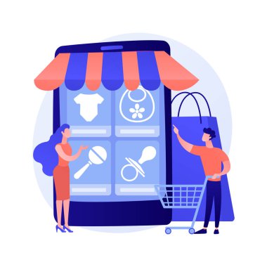 İnternetten mal sipariş ediyorum. İnternet mağazası, online alışveriş, uygun ticaret sitesi. Anne bebeklere elbise, ayakkabı ve oyuncak alıyor, bebek aksesuarları alıyor. Vektör izole kavram metaforu