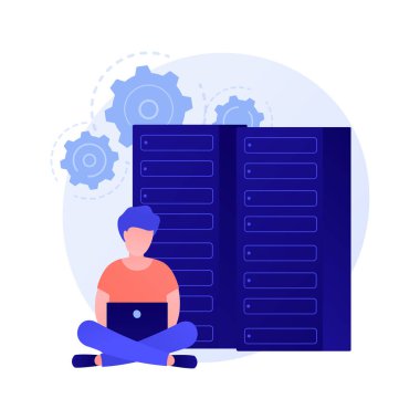 Veritabanı, dijital bilgi depolama ve organizasyon. Teknik destek çalışan çizgi film karakteri. SEO optimizasyonu, bilgisayar donanımı. Vektör izole kavram metaforu