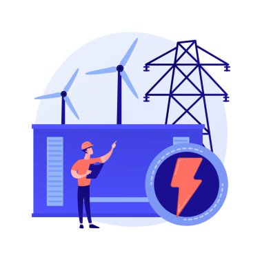 Elektrik santrali, elektrik enerjisi üretimi, elektrik üretimi. Güç mühendisi çizgi film karakteri. Enerji endüstrisi, elektrik santrali. Vektör izole kavram metaforu.