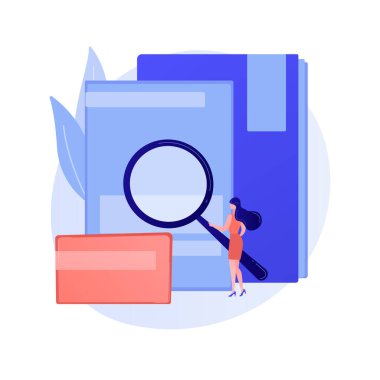 Çevrimiçi arşiv, belgeler, veri depolama. Bilgi araması, kişisel kayıtlara erişim. Büyüteç çizgi film karakteri olan temel kullanıcı. Vektör izole kavram metaforu.