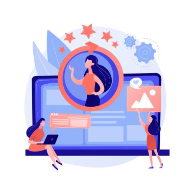 Yüz tanıma, kişisel kimlik, güvenli erişim. Profil girişi, veri depolama açılışı. Kadın hesap sahibi çizgi film karakteri. Vektör izole kavram metaforu.