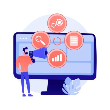 Yaratıcı fikir düz simge. Yenilikçi internet projesi, reklam işi, online promosyon. Hoparlörlü çizgi film karakteri olan kadın. Vektör izole kavram metaforu