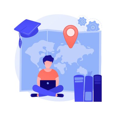 Mesafe üniversite kursları. Akademik diploma, kişisel eğitim, internet dersleri. İnternetten okul dersleri, öğrenme. Üniversite öğrencisi çizgi film karakteri. Vektör izole kavram metaforu.