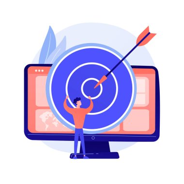 Grup iş araştırmasına odaklan. Veri analiz şirketi kârlı strateji planlaması. Dartboard bilgisayar ekranında. Şirket hedefleri ve başarıları. Vektör izole kavram metaforu