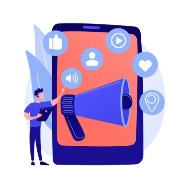 Sosyal medya pazarlaması. E ticaret aracı, SMM yönetimi, online reklam. İş adamı sosyal ağları ürün tanıtımı için kullanıyor. Vektör izole kavram metaforu