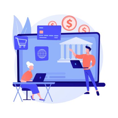 Emekliler finansal okur-yazarlık. Finans eğitimi, tasarruf yönetimi, yatırım farkındalığı. Yaşlı insanlara finans sisteminin temellerini açıklayan bir danışman. Vektör izole kavram metaforu