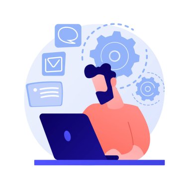 İşyerinde bilgisayar kullanan bir kadın. Profesyonel sekreter, ağ geliştirici, serbest girişimci. Serbest iş akışı, uzaktan kumanda. Çalışan çizgi film karakteri. Vektör izole kavram metaforu