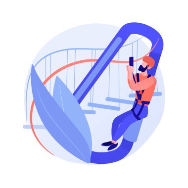 Macera parkı. Tepe örtüsü turu. Emniyet kemeri takmış ve kasklı bir adam. Yüksek ip, ip tırmanma, tırmanma merdiveni. Olağanüstü spor aktiviteleri. Vektör izole kavram metaforu.