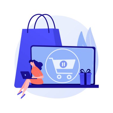 Uzaklaştırma alır, alışverişi durdurur, alımı sonraya erteler. Satın almayı bırak, yeterince mal al, alışveriş faaliyetlerini azalt. Alıcı çizgi film karakteri. Vektör izole kavram metaforu.