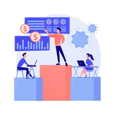 Şirket konferans odası. İş brifingi, şirket yönetim kurulu toplantısı, üst düzey yöneticilerin danışmanlığı. Patron çalışanlarına talimat veriyor, iş arkadaşları konuşuyor. Vektör izole kavram metaforu