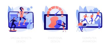 Modern filmmaking technology. Psychology of positive client feedback. Special effects design, emotional design, computer animation metaphors. Vector isolated concept metaphor illustrations