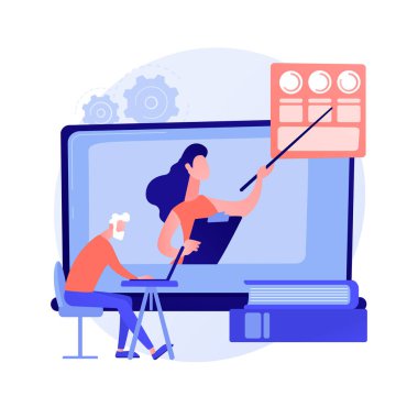 Yaşlılar için eğitim. Online kursları izleyen son sınıf öğrencileri akademik eğitim alıyorlar. Giysi, internet semineri. Vektör izole kavram metaforu