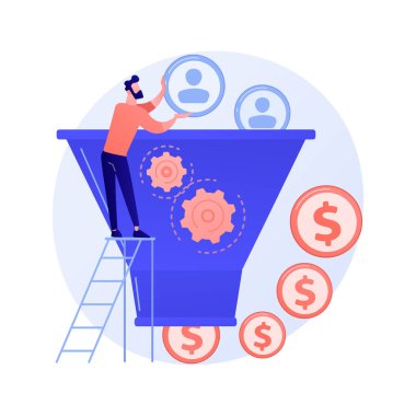 Yönetici hedef kitle çizgi film karakteri ile çalışıyor. Pazarlama süreci, müşteri dönüşümü, web sitesi ziyaretçileri. Lider nesil, müşteri çekiciliği. Vektör izole kavram metaforu