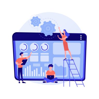 Yazılım yenileme, uygulama geliştirme, programlama. Bilgisayar programları modernizasyon ve yenilik. Programcı takım çizgi film karakterleri. Vektör izole kavram metaforu.