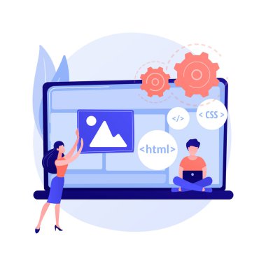 Css ve HTML programlama dilleri. Bilgisayar programlama, kodlama, bilgi işlem. Kadın programcı çizgi film karakteri. Yazılım, web sitesi geliştirme. Vektör izole kavram metaforu.