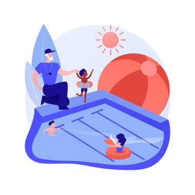 Yaz tatili. Plastik halkalar ve can simidiyle yüzen insanlar. Havuz partisi fikri. Şişme oyuncaklar, yüzme tüpleri, havuz ekipmanları. Yaz eğlencesi. Vektör izole kavram metaforu