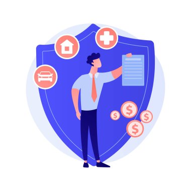 Sigorta, finansal kayıplardan koruma. Risk yönetimi. Sağlık, yaşam, mülk, gelir sigortası. Şemsiyeli bir sigortacı çizgi film karakteri. Vektör izole kavram metaforu.