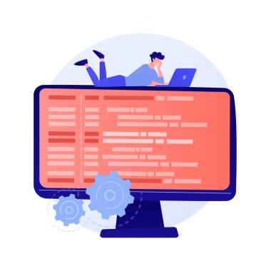 Çevrimiçi veri tabanı, bulut. Veri depolama, bilgi tabanı, bilgisayar uygulaması. Bilgisayar kullanıcısı, operatör çizgi film karakteri. Ekranda bilgi var. Vektör izole kavram metaforu.