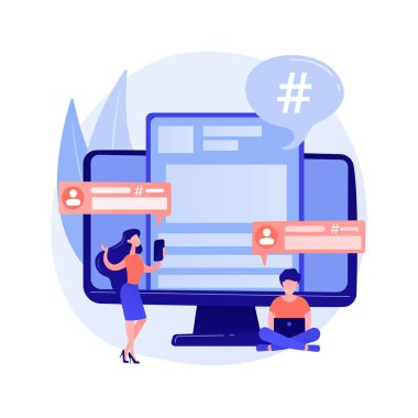 Mikroblog platform kullanıcısı. Sosyal medya iletişimi, blog yazarları aracı, kısa mesajlar paylaşımı. Mikroblog paylaşımı, yorum, tartışma. Vektör izole kavram metaforu