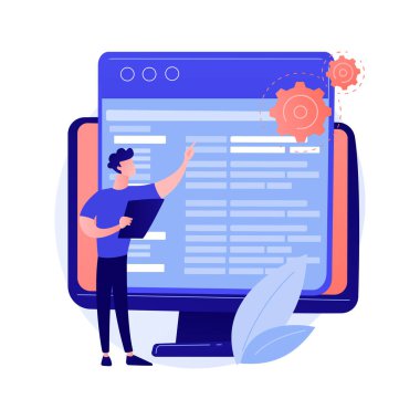 Kodlama ve web sitesi geliştirme. Teknik destek. Programlama mühendisliği. Kodlayıcı, web geliştirici, bilgisayar yazılımı. Programcı erkek düz karakter. Vektör izole kavram metaforu