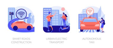 IoT şehir teknolojisi, ulaşım altyapısı bağlantıları. Akıllı yol inşaatı, kentsel elektrik taşımacılığı, otonom taksi metaforları. Vektör izole kavram metaforları.