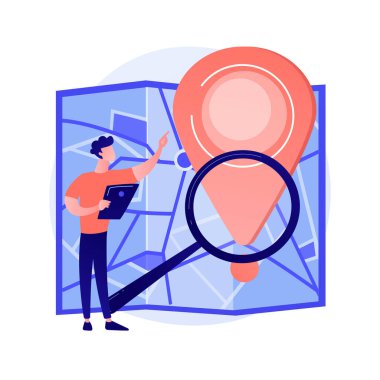 İnternet sipariş takibi. GPS navigatör hizmeti web sitesi düz tasarım ögesi. İşaret, büyüteç, harita. Çevrimiçi planlama, yol bulma. Vektör izole kavram metaforu