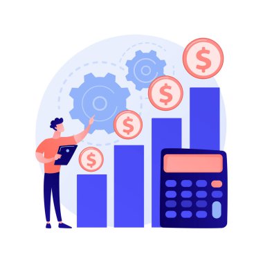 Satış artışı. Ticaret analizleri, kâr analizleri, iş analistleri. Pazarlama planı. Marketolog elinde karikatür karakteri tutuyor. Vektör izole kavram metaforu
