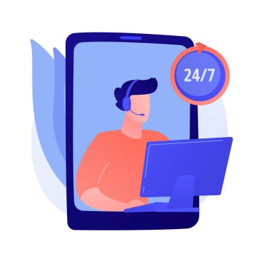 Tüm gün destek, 24 saat yardım, 24 saat çağrı merkezi. Abone yardımı, yardım servisi. Telefon görüşmeleri ve mesaj operatörü çizgi film karakteri. Vektör izole kavram metaforu.