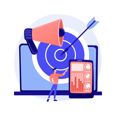 Doğru pazarlama stratejisi. İçerik oluşturma ve dağıtım, hedef kitle kimliği, marka tanıtımı. SMM uzmanı kullanıcı davranış istatistiklerini analiz ediyor. Vektör izole kavram metaforu