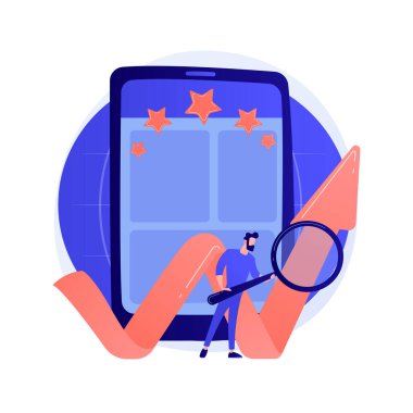 Mobil uygulama derecesi, çevrimiçi derecelendirme, verimlilik. Başvuru için yıldızlar ayarlanıyor, fonksiyon değerlendirmesi. Akıllı telefon kullanıcıları çizgi film karakterleri. Vektör izole kavram metaforu.