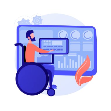 Engelliler için eğlence, özel ihtiyaçlar. Hobiler, eğlence, eğitim. Tekerlekli sandalyedeki engelli adam akıllı telefondan video izliyor. Vektör izole kavram metaforu