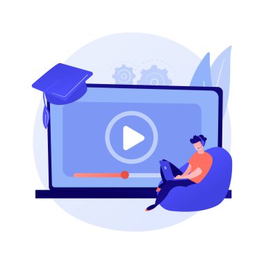 İnternet dersi araştırması. Uzaktan üniversite, eğitim programları, online sınıflar web sitesi. Büyüteç çizgi film karakteri olan lise öğrencisi. Vektör izole kavram metaforu.